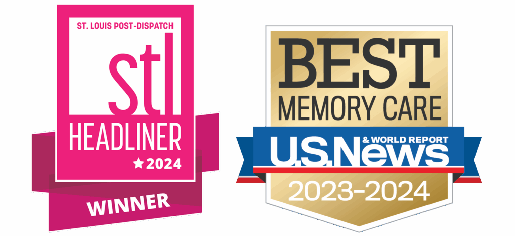 Awards badges for St. Louis Post Dispatch "Headliner 2024 - Winner " + U.S. News & World Report "Best Memory Care - 2023-2024."