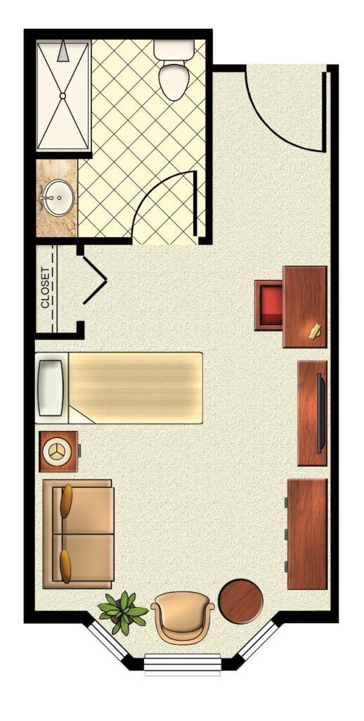 Floorplan for Deluxe Studio - 364 square feet.