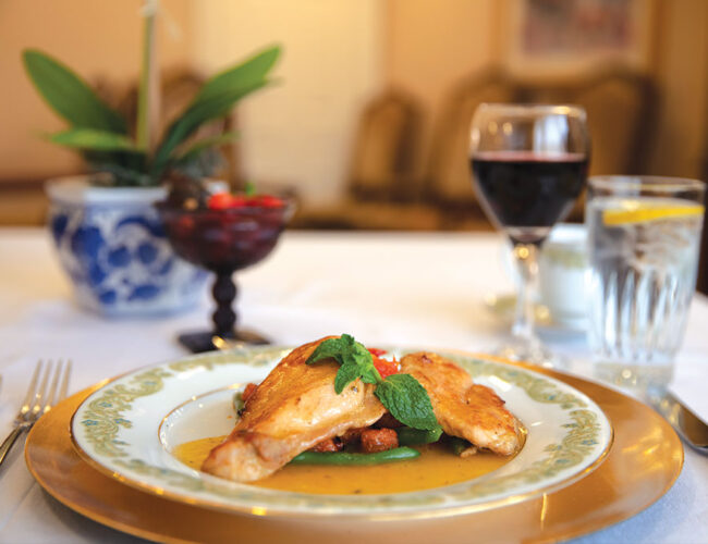 A meal plated at the dining table.