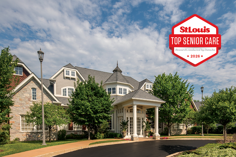 Exterior of Parc Provence with a St. Louis Magazine badge for Top Senior Care 2026.