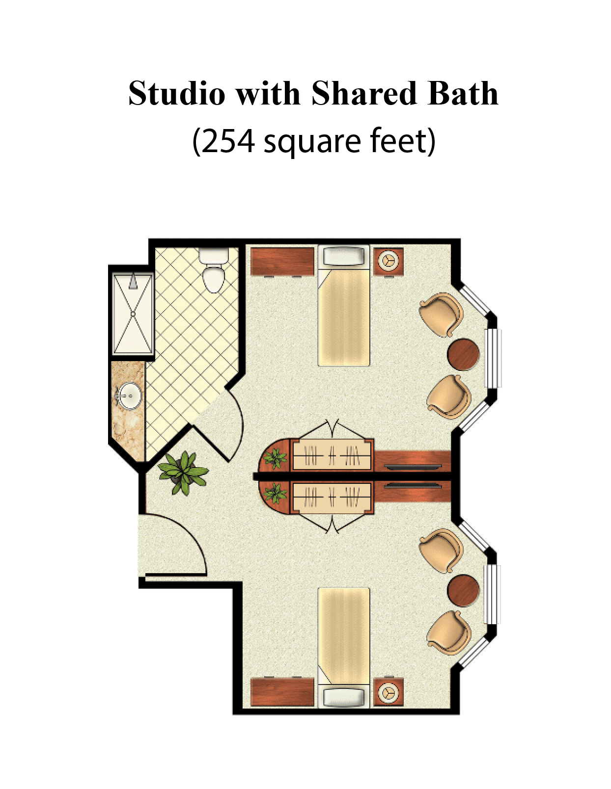 Studio – shared bath – 254 sq ft floor plan